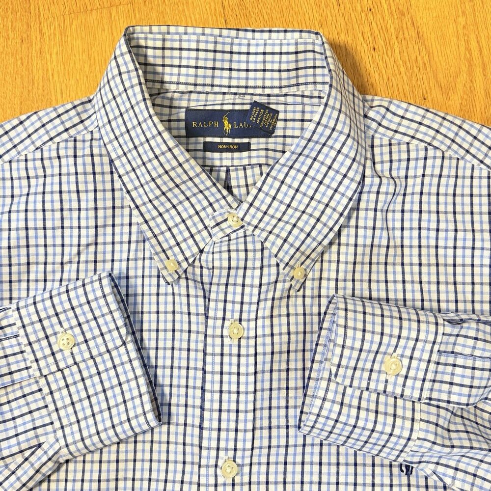 Ralph Lauren $130 Non-Iron Cotton Tattersall Check Shirt Blue 18 36/37 Preppy